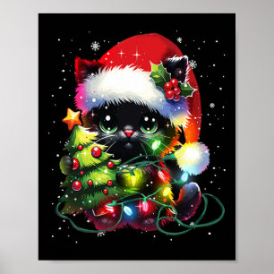 Kerstman zwarte kat kerstmuts verstrikt in Kerstmi Poster