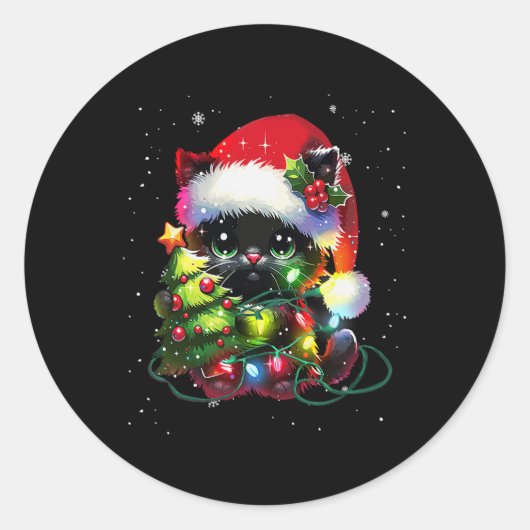 Kerstman zwarte kat kerstmuts verstrikt in Kerstmi Ronde Sticker (Voorkant)