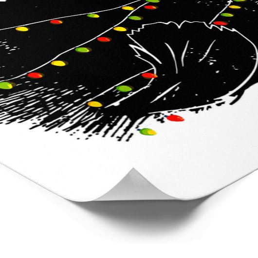 Kerstman zwarte kat verstrikt in kerstboom licht poster (Hoek)