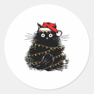 Kerstman zwarte kat verstrikt in kerstboom licht ronde sticker