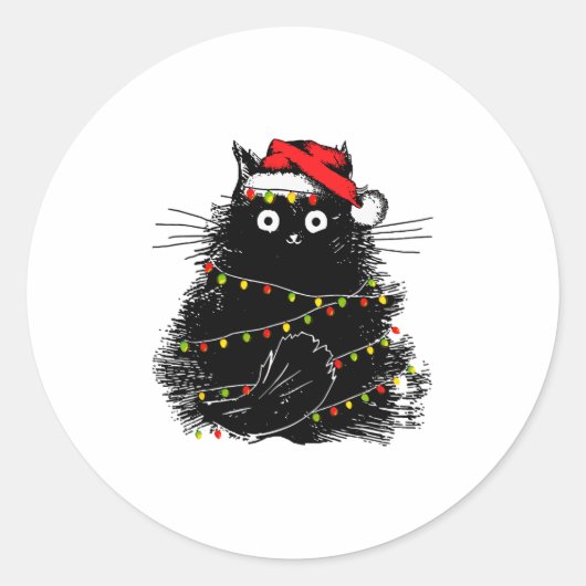 Kerstman zwarte kat verstrikt in kerstboom licht ronde sticker (Voorkant)
