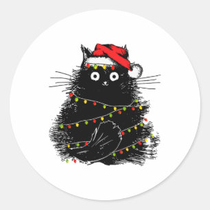Kerstman zwarte kat verstrikt in kerstboom licht ronde sticker