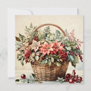 Kerstmand met Poinsettia Bloemen, Bessen Feestdagenkaart