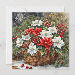 Kerstmand met Poinsettia Bloemen, Bessen Feestdagenkaart