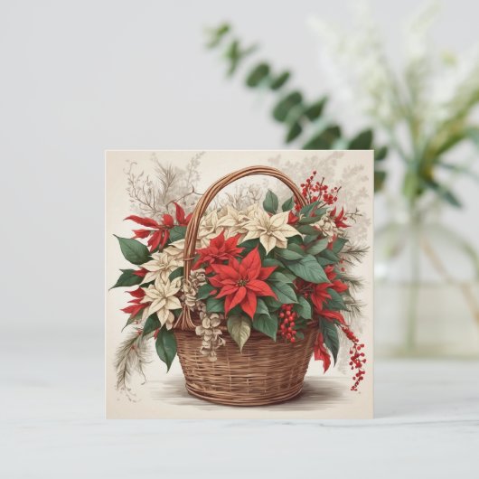 Kerstmand met rode, witte Poinsettia Bloem Feestdagenkaart (Staand voorkant)