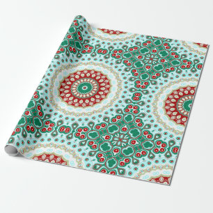 Kerstmandala in rood, groen en vorstblauw cadeaupapier