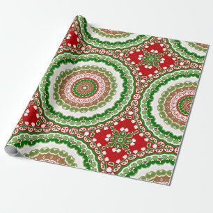 Kerstmandala in rood, groen en warm goud cadeaupapier