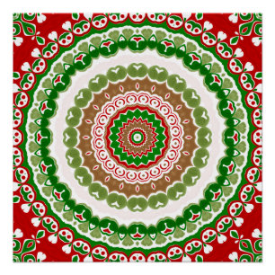 Kerstmandala in rood, groen en warm goud perfect poster