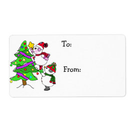 kerstmannen die bomen van en naar decorteren etiket