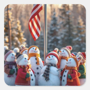 Kerstmannen die naar de vlag van de VS kijken Vierkante Sticker