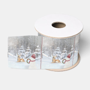 Kerstmannen en herten in besneeuwde winterbossen grosgrain lint
