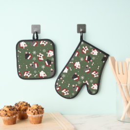 Kerstmannen Honden op Groen Ovenwant & Pannenlap Set