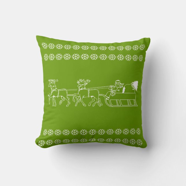 Kerstmannen rendier & boom in het wit op een groen kussen (Voorkant)