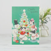 Kerstmannen uit grootmoeders tijd dansen rond de k feestdagenkaart (Staand voorkant)