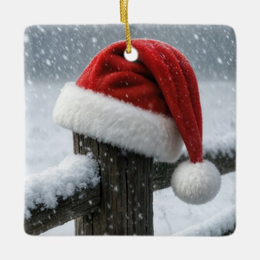 Kerstmannenhoed op een besneeuwde omheiningspaal keramisch ornament (Voorkant)