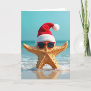 Kerstmannenhoed op een zeester feestdagen kaart