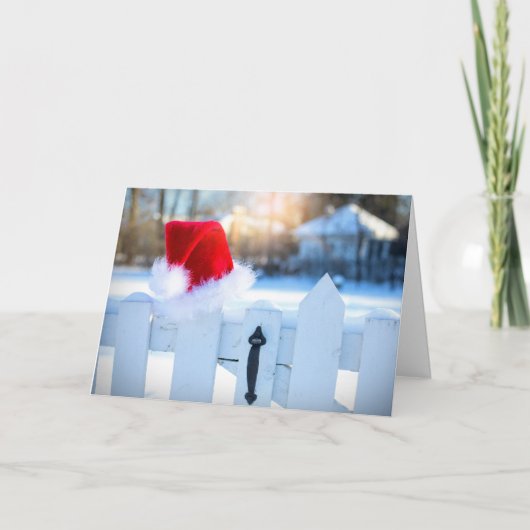 Kerstmannenhoed op witte omheining kaart (Voorkant)