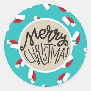 Kerstmannenmutsen Blauw Prettig Kerstfeest Feestel Ronde Sticker