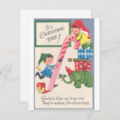 Kerstmannetje elfen die speelgoed maken feestdagenkaart (Voorkant / Achterkant)