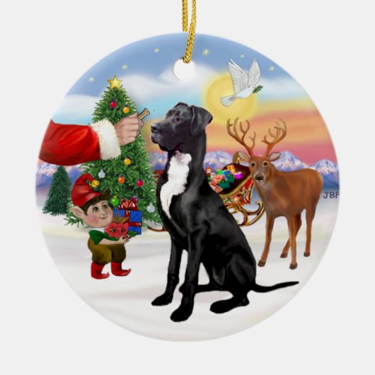 Kerstmannetje geeft traktatie - Zwarte Dog Keramisch Ornament (Voorkant)