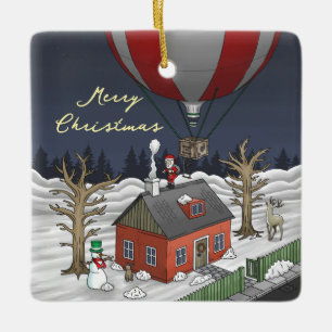 Kerstmannetje in zijn Heete Lucht Ballon Keramisch Ornament