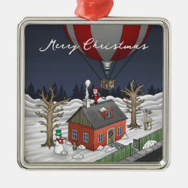 Kerstmannetje in zijn Heete Lucht Ballon Metalen Ornament