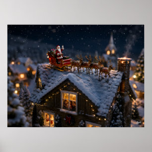 Kerstmannetje landt op dak in miniatuur poster