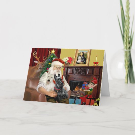 Kerstmannetje met 2 Schotse Terriërs Feestdagen Kaart (Voorkant)