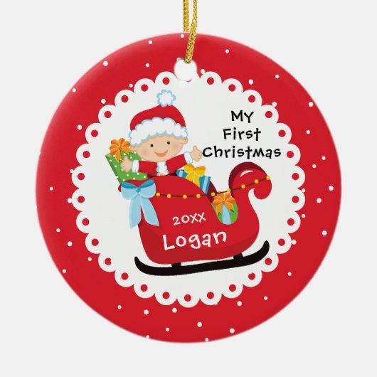 Kerstmannetje slee baby's eerste kerstfeest keramisch ornament (Voorkant)