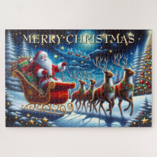 Kerstmannetje slee en rendieren op kerstavond legpuzzel