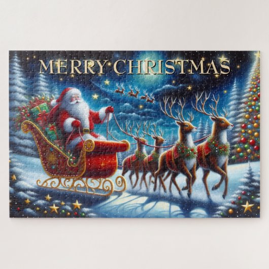Kerstmannetje slee en rendieren op kerstavond legpuzzel (Horizontaal)