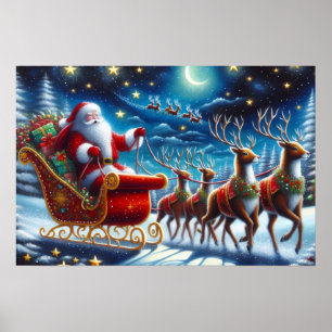 Kerstmannetje slee en rendieren op kerstavond poster