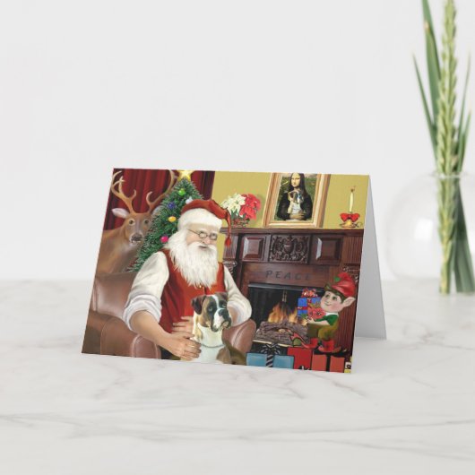 Kerstmannetje's Boxer (natuurlijke oren) Feestdagen Kaart (Voorkant)