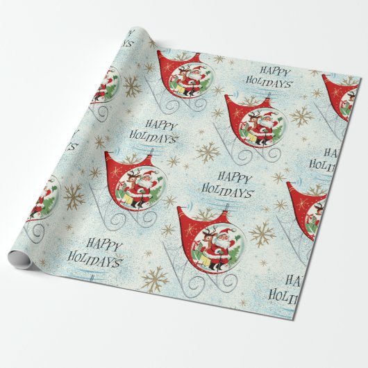 Kerstmannetjes Retro Rotor Slede Cadeaupapier (Uitgerold)