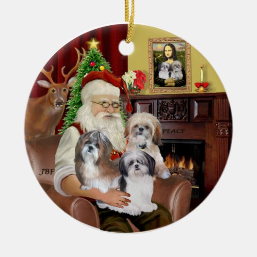 Kerstmannetje's Shih Tzus (DRIE) Keramisch Ornament (Voorkant)