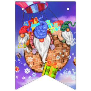 Kerstmannetjes vliegen in een ballon en geven cade vlaggetjes