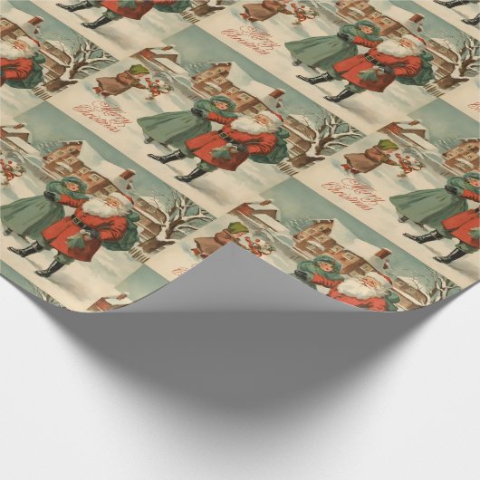 Kerstman's Bezoek Vintage Kerstmis Illustratie Cadeaupapier (Hoek)