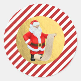 Kerstman's Lijst Kerstmis Rode Strepen Gouden Foli Ronde Sticker
