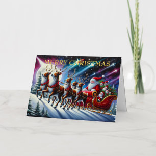 Kerstmans slee met zes rendieren onder het aurora folie feestdagenkaart