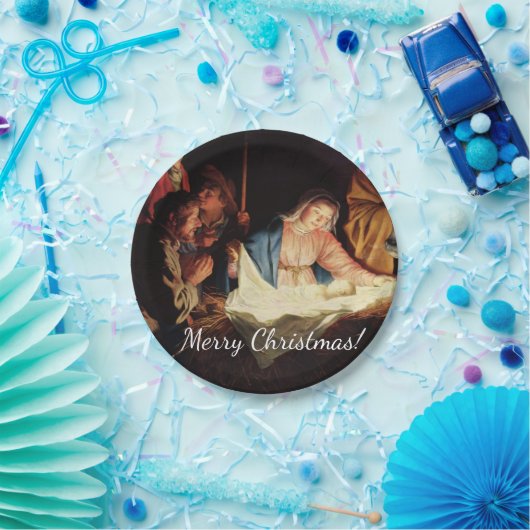 kerstmanscène papieren bordje (Feest)