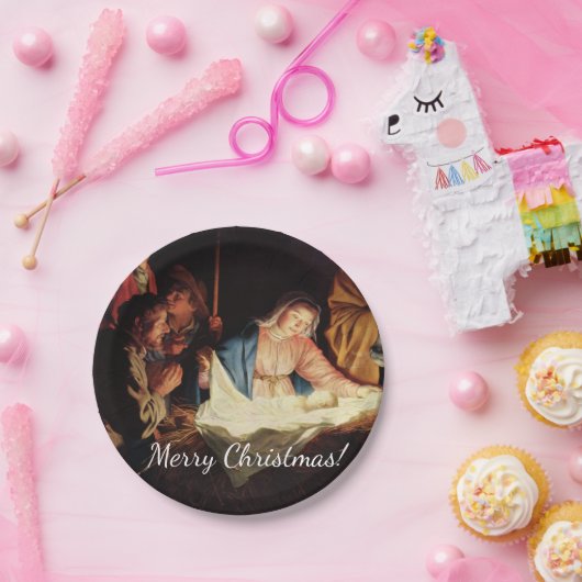 kerstmanscène papieren bordje (Feest)
