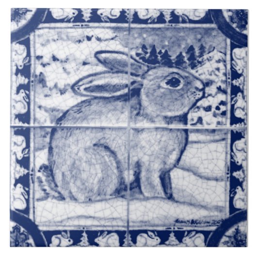 Kerstmarinier Blue White Snow Bunny Dedham Delft Tegeltje (Voorkant)