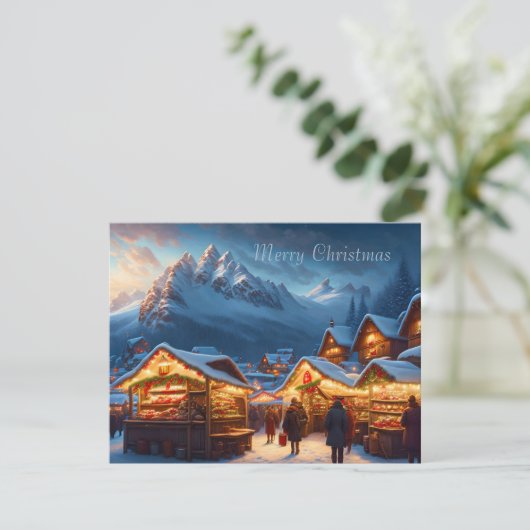 Kerstmarkt in de bergen - op maat feestdagenkaart (Staand voorkant)