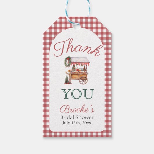 Kerstmarkt met rode gingham dank je Bruidsfeest Cadeaulabel (Voorkant)