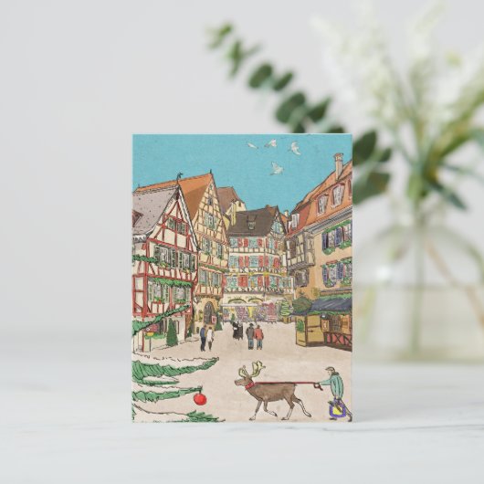 Kerstmarkt Straatsburg Frankrijk Retro geïnspireer Briefkaart (Staand voorkant)