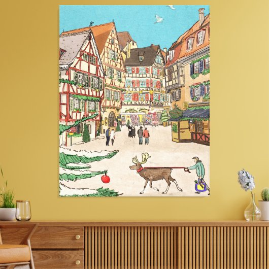 Kerstmarkt Straatsburg Frankrijk Retro geïnspireer Canvas Afdruk (Insitu (Woonkamer))