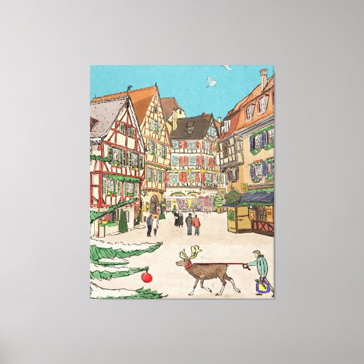 Kerstmarkt Straatsburg Frankrijk Retro geïnspireer Canvas Afdruk (Voorkant)