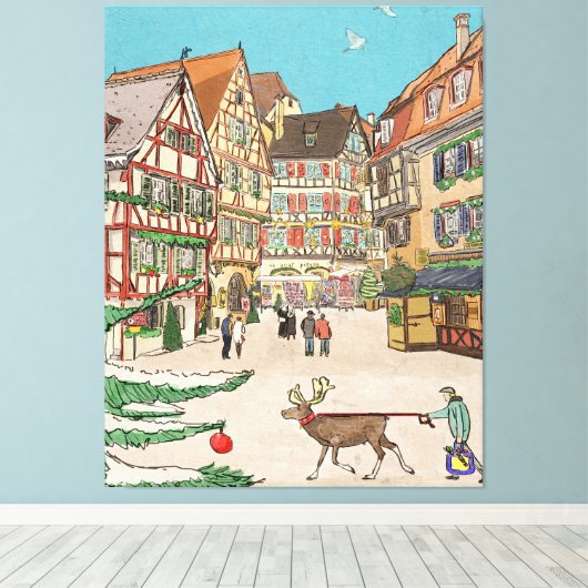 Kerstmarkt Straatsburg Frankrijk Retro geïnspireer Canvas Afdruk (Insitu (Houten vloer))