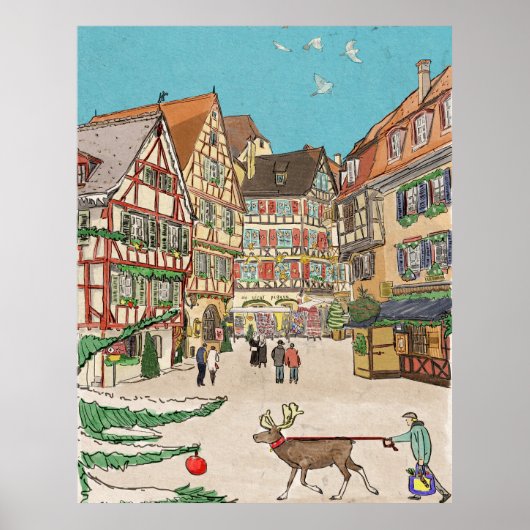 Kerstmarkt Straatsburg Frankrijk Retro geïnspireer Poster (Voorkant)