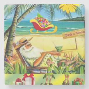 Kerstmarmer Onderzetter, zomerstrand kerstman Stenen Onderzetter